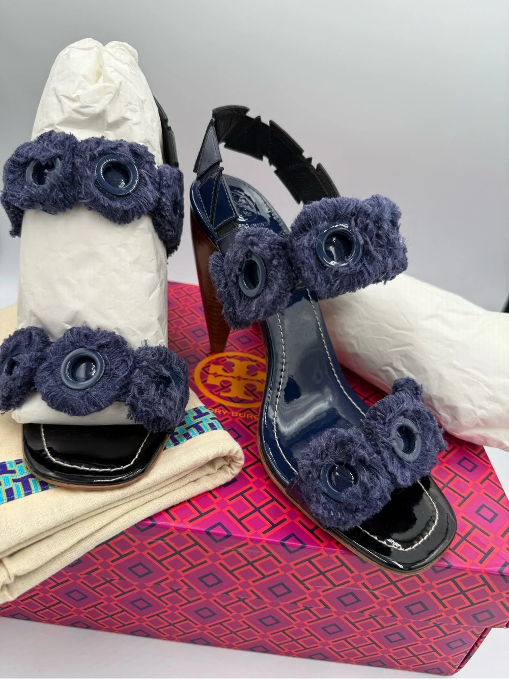 Tory Burch Navy Floral-Appliqué Wedge Sandals